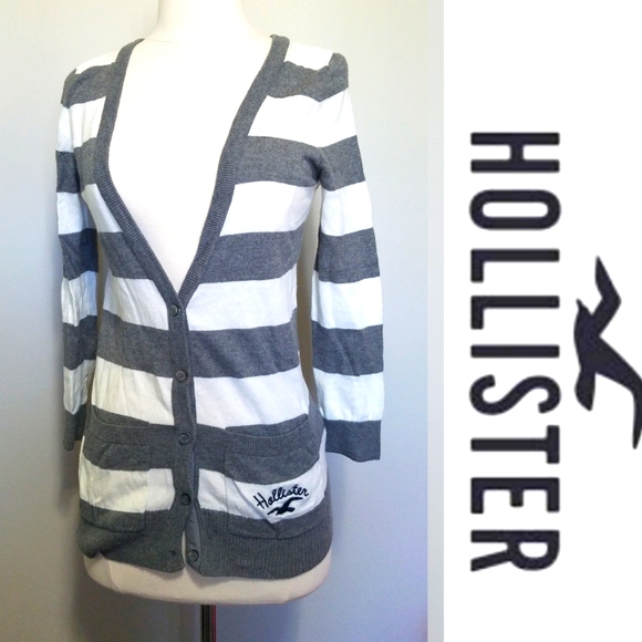 Hollister Spring Grey White Stripped Button Down Womens MED Cardigan Sweater EUC - Picture 1 of 12